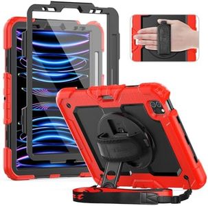 Timecity Case for iPad Pro 11 Inch 2022/2021/2020/2018, Heavy-Duty Protective Case for iPad 11" 4th/ 3rd/ 2nd/ 1st Gen with Built-in Screen Protector, 360 Rotating Stand, Shoulder Strap - Red