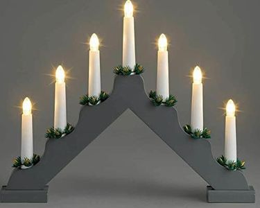 7 LED Wooden Christmas Candle Bridge - Mains Powered - Window Decoration Arch - Indoor Warm White Light - Xmas Festive Pre-Lit - Grey
