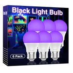 Onforu UV LED Black Lights Bulb, 7W A19 E26 Bulb, UVA Level 385-400nm, Glow in The Dark for Blacklights Party, Body Paint, Fluorescent Poster, Neon Glow (6 Pack)