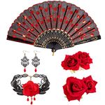 DRESHOW Rose Flower Hair Clip Embroidered Folding Fan Earrings Set Hair Accessories for Women Flamenco Dancer