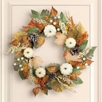 Benjia Fall Wreaths Front Door Decor, White Autumn Pumpkin Pinecone Harvest Thanksgiving Wreath Reef Outside Outdoor Indoor Farmhouse Home Door Decorations 18 Inch /45cm