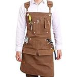 Woodworking Apron for Men & Women, Tool Apron with Pockets Heavy Duty Waxed Canvas Work Apron Cross Back Adjustable Strap Aprons (Brown)