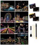 Scratch Painting, Scratch Art Rainbow Paper A4 for Adults and Kids,DIY Art Craft Night View Scratchboard with 4 Tools, 8 Pcs 11.6 X 8.3 Inches (Europe Scenery)