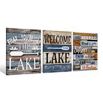 Welcome to The Lake Lake House Rules Relax You’re At The Lake Canvas Wall Art Prints Artwork Signs Framed for Home Lake House Cabin Porch Wall Decor, 3 Pieces 11X14 inch, Friends Family Campers Gift