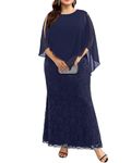 Women's Plus Size Cape Dress with Chiffon Overlay Gown Formal Evening Lace Long Mermaid Dresses 2024, Navy Blue, 26 Plus