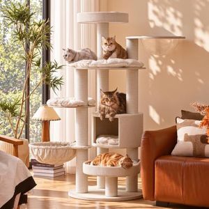 Sopapets Wood Cat Tree for Large Cats, Extra Large Modern Cat Tower | 65" Maine Coon Cat Tree Tower with Solid Wood, 11 Natural Sisal Scratching Posts, 7 Resting Spots for Multi-Cat Homes