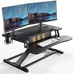 PUTORSEN Standing Desk Converter, 32'' Dual Tiered Sit-Stand Desk Riser with Keyboard Tray, Height Adjustable Computer Workstation with Cup Holder and Note Board up to 15kg, Black