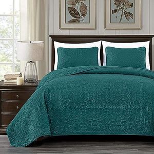 Chezmoi Collection Luca 3-Piece Queen Size Quilt Set Teal - Soft Summer Lightweight Oversized Queen Bedspread 100 x 106, Floral Medallion Pattern Coverlet for All Season