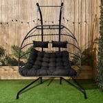 OHS Double Hanging Swing Chair, Rattan Hanging Egg Chairs with Soft Thick Cushion and 2 Headrest Pillow Included Indoor/Outdoor Use 2 Seater Garden Swing Chair, Charcoal Grey