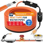 100 FT Heat Tape for Water Pipes, 7.6W/FT UL & ETL Self-Regulating Pipe Heating Cable with Thermostat for Pipe Freeze Protection, Waterproof Heat Tape for Metal and Plastic(Leakage Protector)