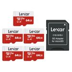 Lexar Micro SD 64GB 5PK, Micro SD Card up to 100MB/sec(R), MicroSDXC Memory Card with SD Adapter, A1, U3, C10, V30, Micro SD Card Pack of 5