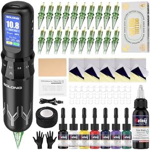 Solong Tattoo Kit 7 Stroke Speeds Professional Tattoo Machine Wireless with 1600mAh Power LED Display Rotary Tattoo Pen with 20pcs Tattoo Cartridges Needles and 7 Multicolor Ink SL-TKE200AUK-1