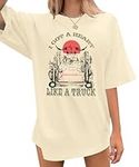 Oversized Western Country Concert Shirt: Heart Like a Truck Shirts for Women Nashville Graphic Tees Cowgirl Tops, Apricot, X-Large