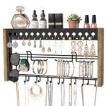 JACKCUBE DESIGN Rustic Wood Wall Mount Jewelry Organizer with Metal Hooks for Necklaces Earrings and Bracelets (Wood) : MK460A