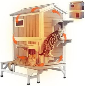 PetsCosset Insulated Outdoor Cat House for 2-3 Cats, 2-Story Wooden Shelter