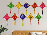 JH Gallery Woolen Handmade Colorful Kite Hanging Decoration for Wall/Door Hanging Home Decor (Pack of 10), Multicolour