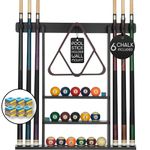 Billiards Xpress Pool Cue Rack - Pool Stick Holder Wall Mount With 16 Ball Holders & 6 Pack Of Chalk - Rubber Circle Pads & Large Clips Prevent Damage - Compact Billiard Table Accessories For Man Cave