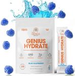 Genius Hydrate Stick Pack Powder Drink Mix – Blue Raspberry Flavor, Natural Electrolyte Booster with Coconut Water & Potassium for Ultimate Hydration -20 Packets