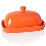 Sweejar Ceramic Butter Dish with Lid for Countertop,Porcelain Butter Keeper with Knob Handle,Butter Container for East/West Coast Butter, 7 inches (Orange)