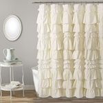 Lush Decor Kemmy Shower Curtain | Ruffled, Textured Shabby Chic Farmhouse Style Design, 72” x 72”, Ivory