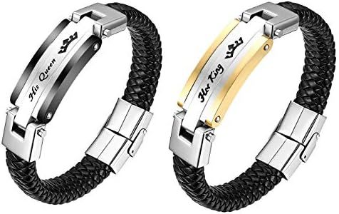 Flongo Partner Bracelets Leather Bracelets BFF Bracelets Leather Stainless Steel Bracelet Bangle Black Silver Gold Surfer Braided Leather Band with His Queen & Her King Engraving, 20 cm, Leather