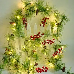 ChiRee Christmas Garlands 6.56FT 30 LED Smokey Pine Garlands with Lights Battery Operated Pine Cone Garland with Red Berry Bells Green Garland Christmas Decorations for Xmas Holiday Indoor Outdoor