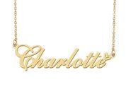 18k Gold Plated Charlotte Name Necklace Heart Charm Pendant Stainless Steel Graduation Jewelry for Womens Teens 16"