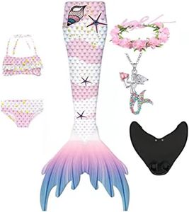 Coserday 6Pcs Swimwear with Monofin Swimsuits Mermaid Tail for Swimming for Girls Bikini Bathing Suit Add Fins(E409,5-6Years)