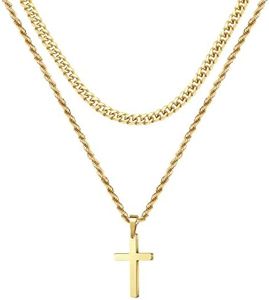 Ursteel Gold Cross Necklace for Men, 18K Gold Stainless Steel Cross Chain Layered Rope Necklace 16-18 Inch Fathers Day Cross Gifts From Wife