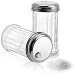 Tebery 2 Pack 12OZ Glass Sugar Dispenser/Pourer/Shaker with Stainless Steel Pour-Flap Lid, Retro Style