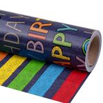 LeZakaa Reversible Birthday Wrapping Paper Roll - Happy Birthday Lettering & Rainbow Stripe - 17 inches x 32.8 Feet (46.45 sq.ft.)