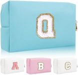 Personalized Initial Letter Patch Makeup Bag, Preppy Chenille Letter Cosmetic Pouch with Zipper, Blue/White-Letter, Q, Fashion