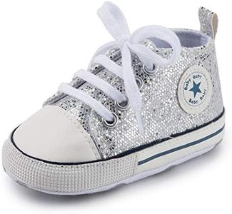 KKIIDDSS Unisex Baby Girls Boys Canvas High-top Shoes, Newborn Infant Anti-Slip Soft Sole Frist Walking Breathable Sneakers, B02/Sequin Silver, 6-12 Months Infant