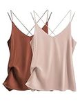 Ekouaer Womens Camisole Tank Tops 2 Pack Double Spaghetti Strap Silk Satin Summer Tops for Women Caramel and Champagne M