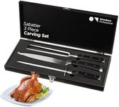 Wrenbury Sabatier Carving Knife and Fork Set for Meat - Sharpening Steel - High Grade Stainless Steel - Professional 3 PCE Turkey Roast Carving Set - Wood Box