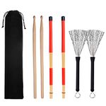 Alnicov Drum Sticks Set,1 Pair 5A Wood Drum Sticks,1Pair Rods Drum Brushes and 1Pair Retractable Drum Stick Brush with Portable Storage Bag for Jazz Acoustic Music Lover Gift