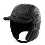 Faux Leather Aviator Pilot Cap Mens Winter Warm Fleece Lined Cold Weather Hunting Trapper Tooper Ski Hat with Ear Flaps Black M