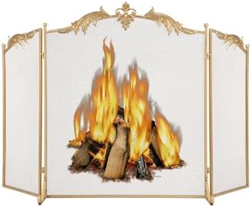 WICHEMI Fireplace Screen 3 Panel Folding Fireplace Screens 50.4 x 32.3 Inch Metal Furnace Fireguards Mesh Cover Baby Safe Proof Fence Spark Guard Cover Wrought Iron Fire Place Standing Gate (Golden)