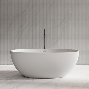MonBlari 67 Inch Stone Resin Freestanding Bathtub, Modern Oval Solid Surface Soaking Tub with Integrated Slotted Overflow and Pop-up Drain, Thin Edge Design,76.61 Gallon,Matte White