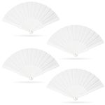 Grantop 4 Pcs Folding Hand Fan Set, Silk Fabric Plastic Ribs Handheld Fan, Folding Chinese Fan for Wedding Christmas Party Prom Festival DIY Home Decorations(4Pcs, White)