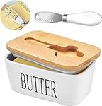 Ceramic Butter Dish with Wooden Lid, Airtight Butter Keeper for Counter or Fridge with Stainless Steel Multipurpose Butter Knife, Butter Container with Double High-Quality Silicone