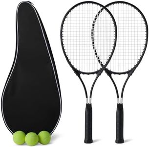 Amazon Basics Tennis Racket Set, 2 Adult 68.5cm Racquets with 3 Balls and 2 Overgrips, Lightweight, Black