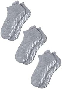 RATIVE Anti Slip Non Skid Barre Yoga Pilates Hospital Ankle Socks with grips for Adults Men Women (Large, 3-pairs/grey)