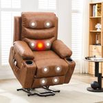 Power Lift Recliner PU Chair for Elderly, with Massage & Heat, Big and Tall Living Room or RV Single Sofa for Adults, 135° Reclining Accent Chairs, 2 Cup Holders and Side Pockets (Brown Leather)