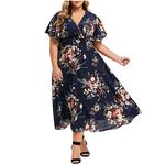 Today Deals Womens Floral Print Maxi Dress Plus Size Wrap Dresses Sexy Casual High Waist Long Dress Flowy Summer Midi Dress(Navy,3X-Large)