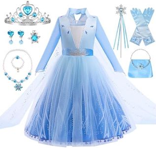 YYDSXK Elsa Dress Up for Girls, Frozen Elsa Princess Dress with Crown Fairy Wand Necklace Sets, Princess Elsa Costume Long Skirt, Kids Elsa Fancy Dress for Party Bridesmaid Cosplay Pageant (120)