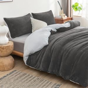 Luxor 2 in 1 Teddy Fleece Sherpa Quilt Doona Duvet Cover Set and Blanket in 6 Colors (Charcoal, Super King)