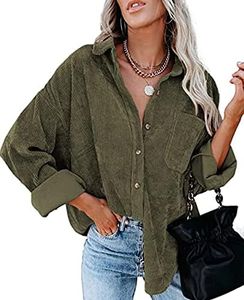 MINTLIMIT Women's Corduroy Shirt Shackets Comfy Long Sleeve Jacket BlouseTops Casual Button Down V Neck Tunic Tops (Army Green,XL)