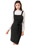 Allegra K Women's Jumper Dress Button Front Bow Tie Waist Slim Fit Pinafore Overall Pencil Dress Black 16