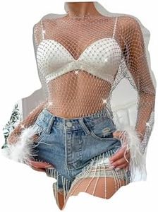 Women Mesh Body Chains Rhinestone Sleeve Crystal See Through Fishnet BikiniCrop Top suit for daily or night club jewelry (jimao-bai)